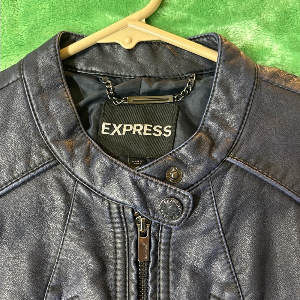 Express Dark Blue Leather Jacket - Picture 2 of 4